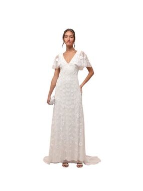 Lulus White Sequin Flutter Sleeve Wedding Dress NWT Size XL Beaded Wedding Gown